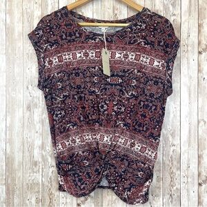 Lucky Brand Cap Sleeve Twisted Hem Boho Printed Top Size XS Women